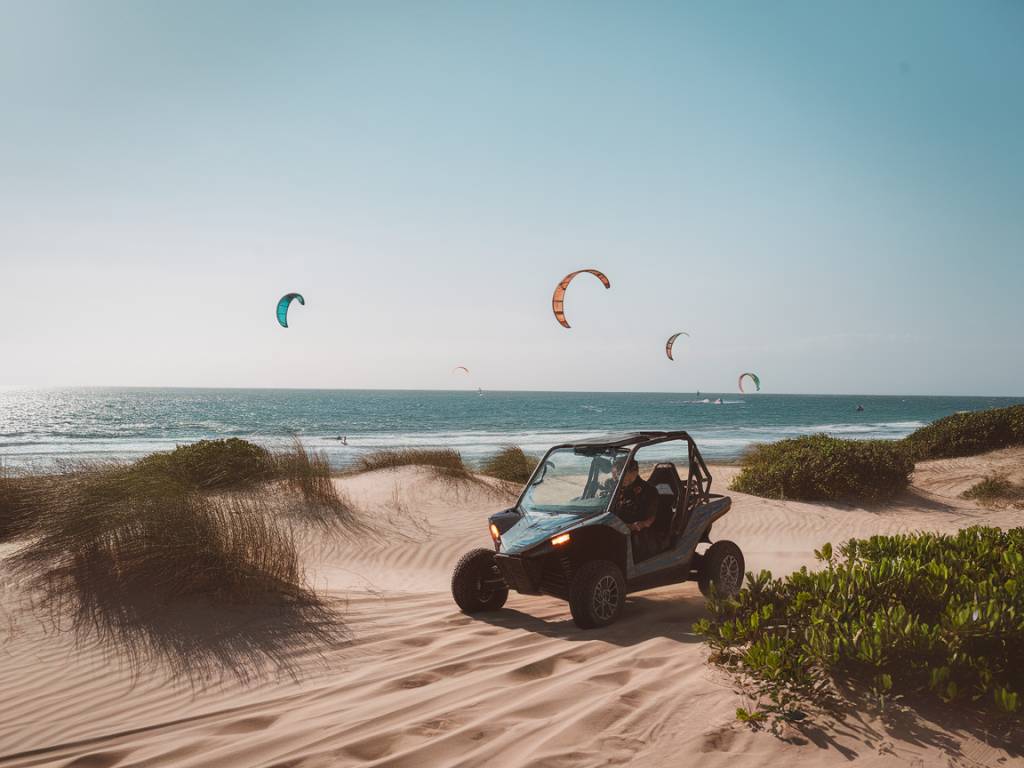 Atividades imperdíveis em Icaraizinho de Amontada, como passeios de buggy, prática de kitesurf e caminhadas pelas dunas ao pôr do sol.